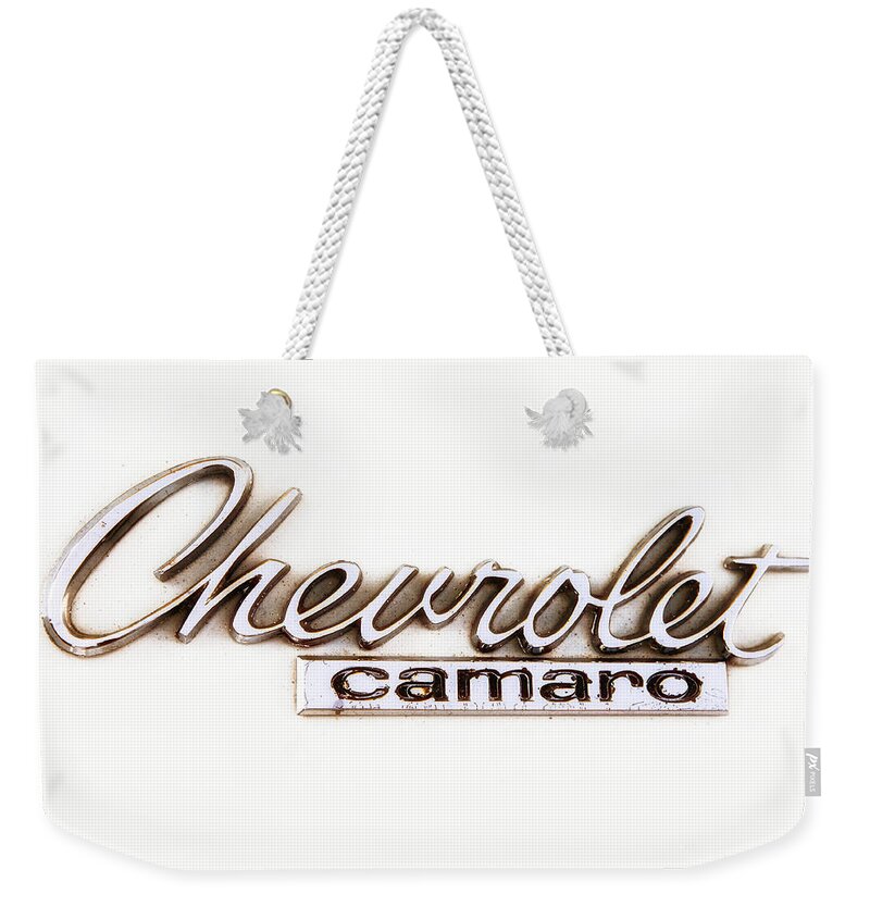 Chevy Camaro Weekender Tote Bag featuring the photograph Chevrolet Camaro Emblem by Jerry Fornarotto