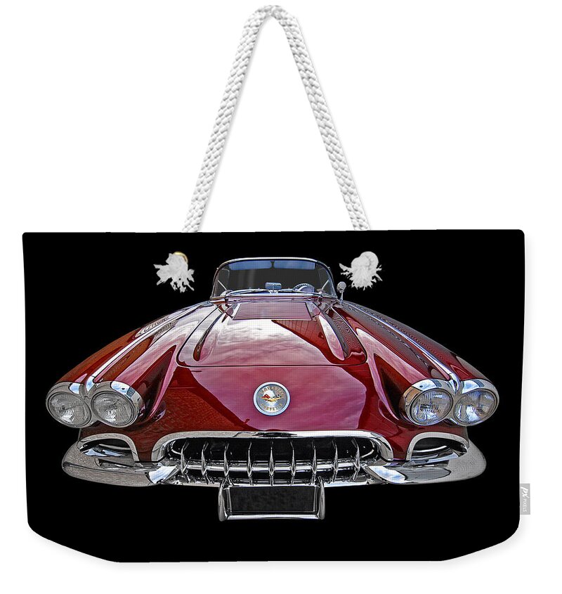 Classic Vette Weekender Tote Bag featuring the photograph Chevrolet Corvette C1 1958 Head On by Gill Billington