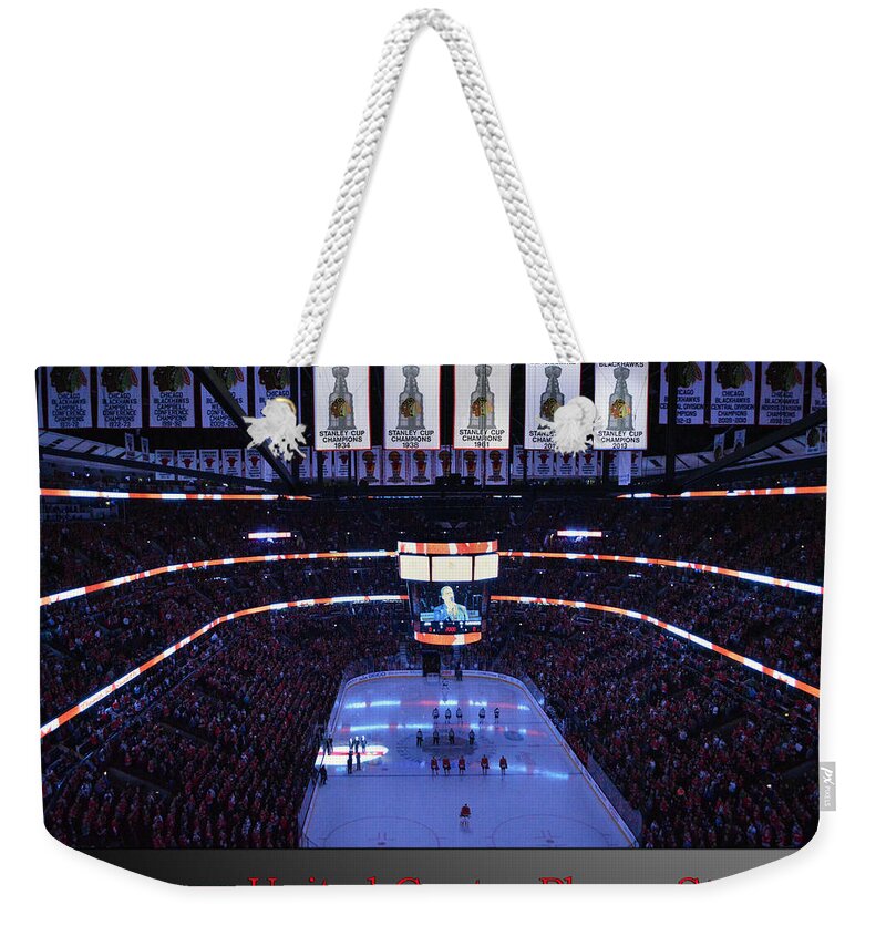 Chicago Blackhawks Weekender Tote Bag featuring the photograph Chicago Blackhawks Please Stand Up With Red Text SB by Thomas Woolworth