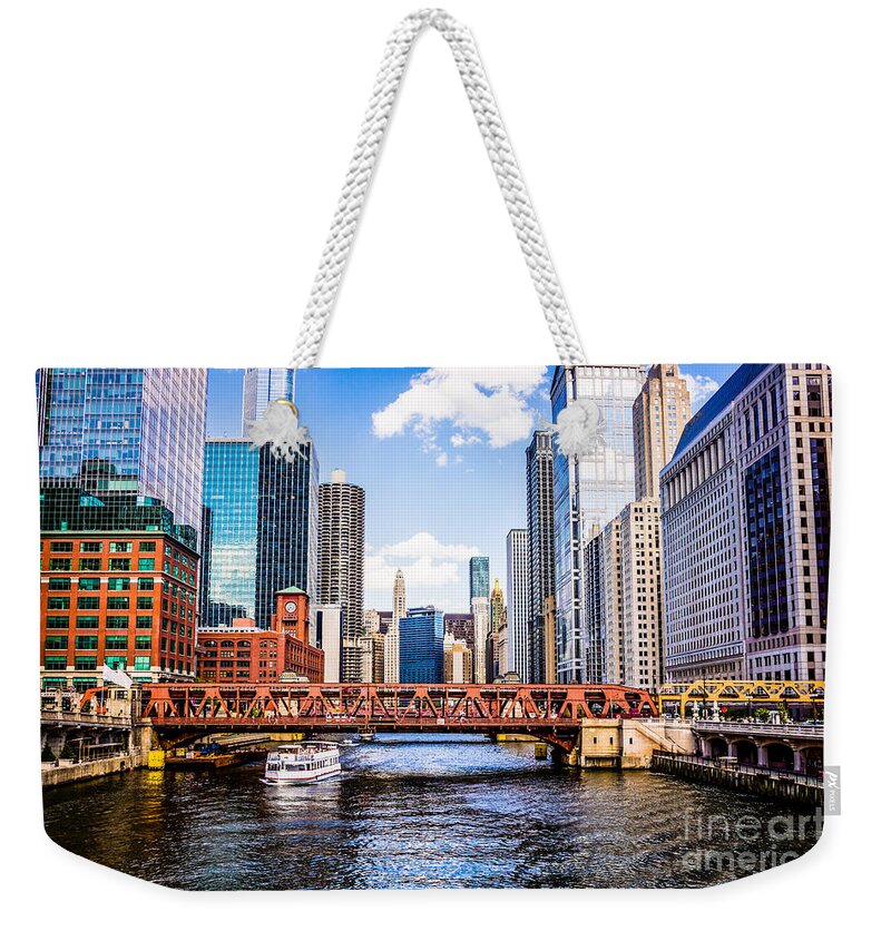 America Weekender Tote Bag featuring the photograph Chicago Cityscape at Wells Street Bridge by Paul Velgos
