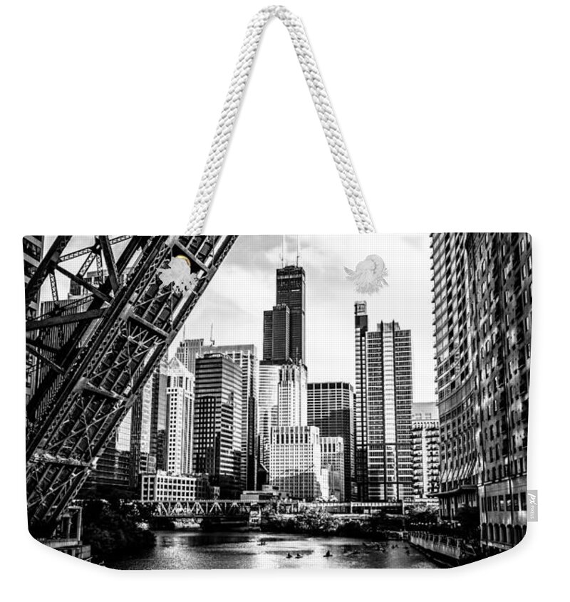 America Weekender Tote Bag featuring the photograph Chicago Kinzie Street Bridge Black and White Picture by Paul Velgos