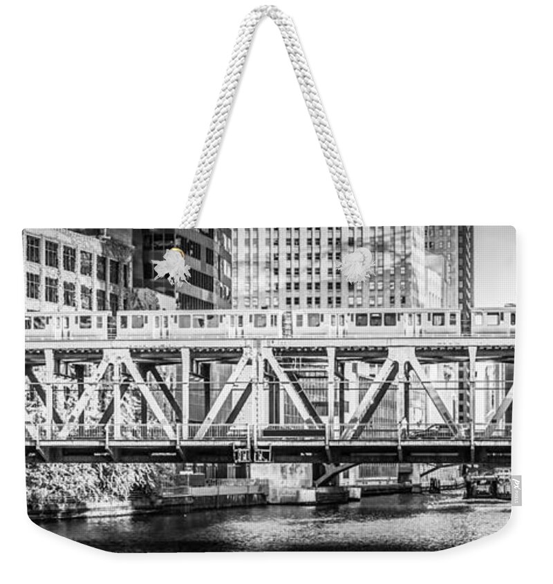 Bridge Weekender Tote Bag featuring the photograph Chicago Lake Street Bridge L Train Black and White Picture by Paul Velgos