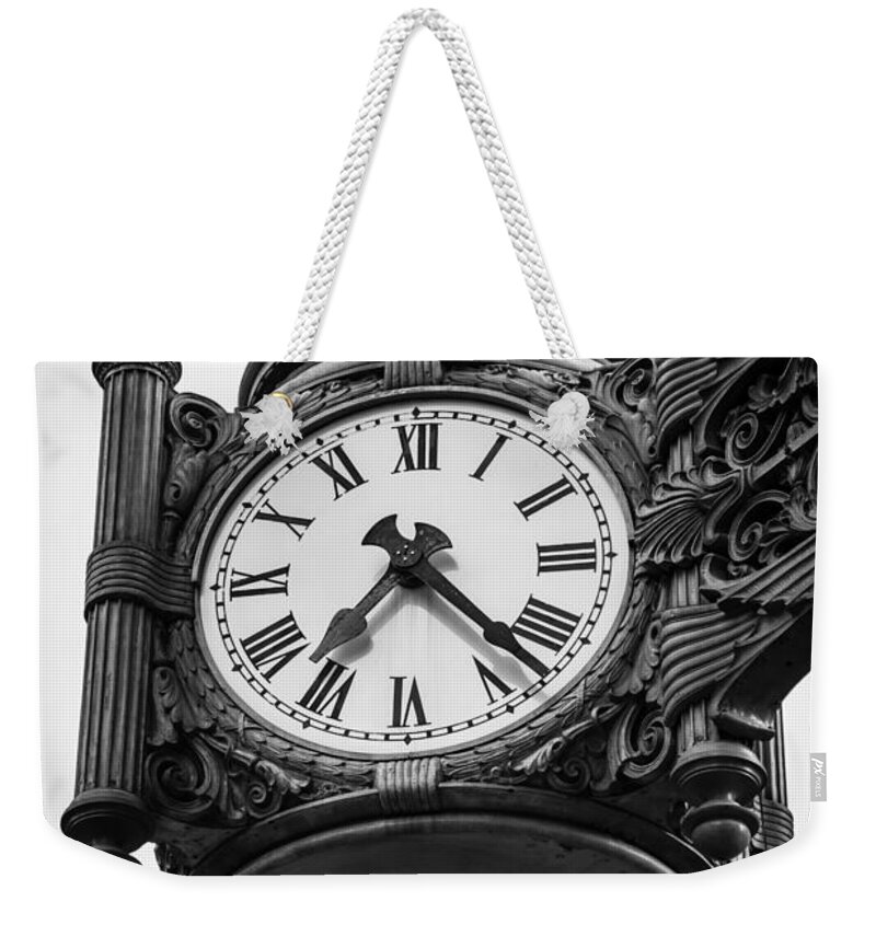 America Weekender Tote Bag featuring the photograph Chicago Macy's Marshall Field's Clock in Black and White by Paul Velgos