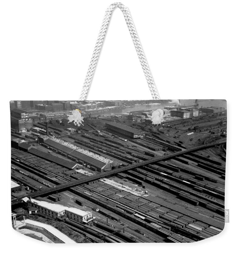 1930 Weekender Tote Bag featuring the photograph Chicago Railroad Yards by Underwood Archives