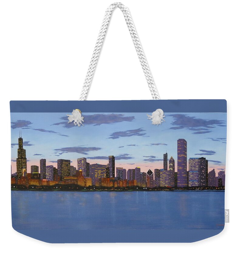 Chicago Paintings Weekender Tote Bag featuring the painting Chicago Skyline -- Evening Approaches by J Loren Reedy
