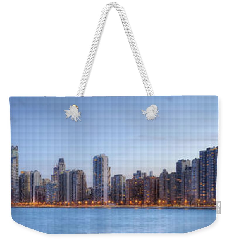 Chicago Weekender Tote Bag featuring the photograph Chicago Skyline Night Panorama by Shawn Everhart