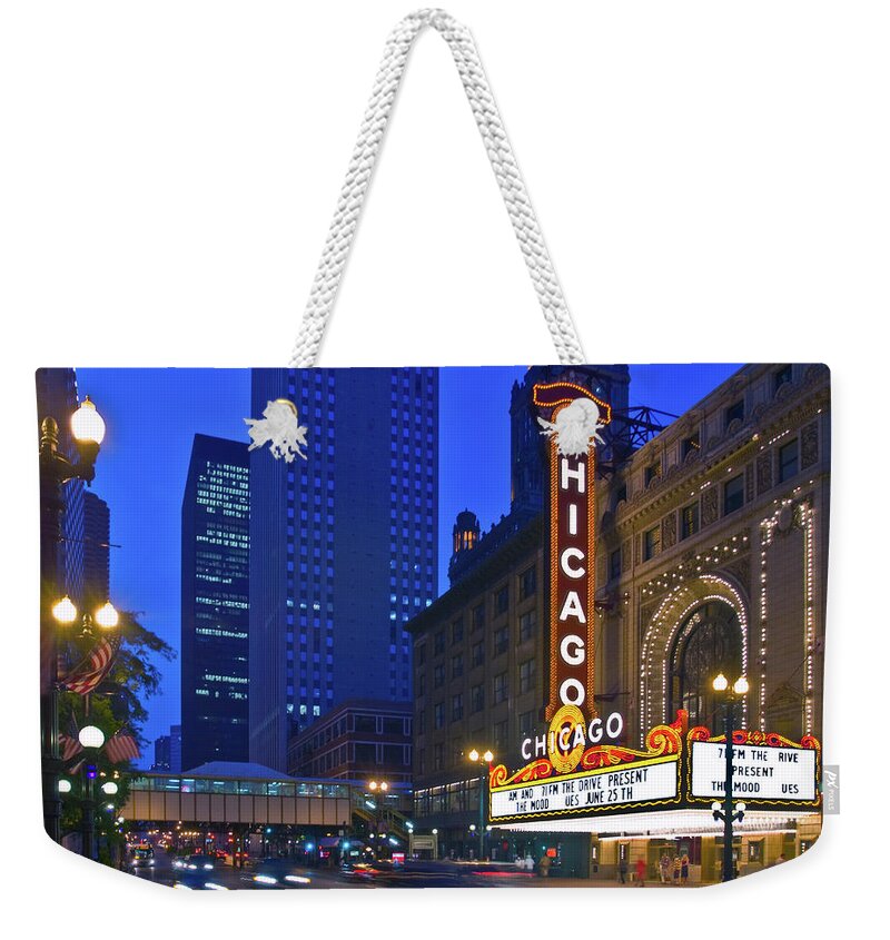 Photography Weekender Tote Bag featuring the photograph Chicago Theatre Marquee At Night by Panoramic Images