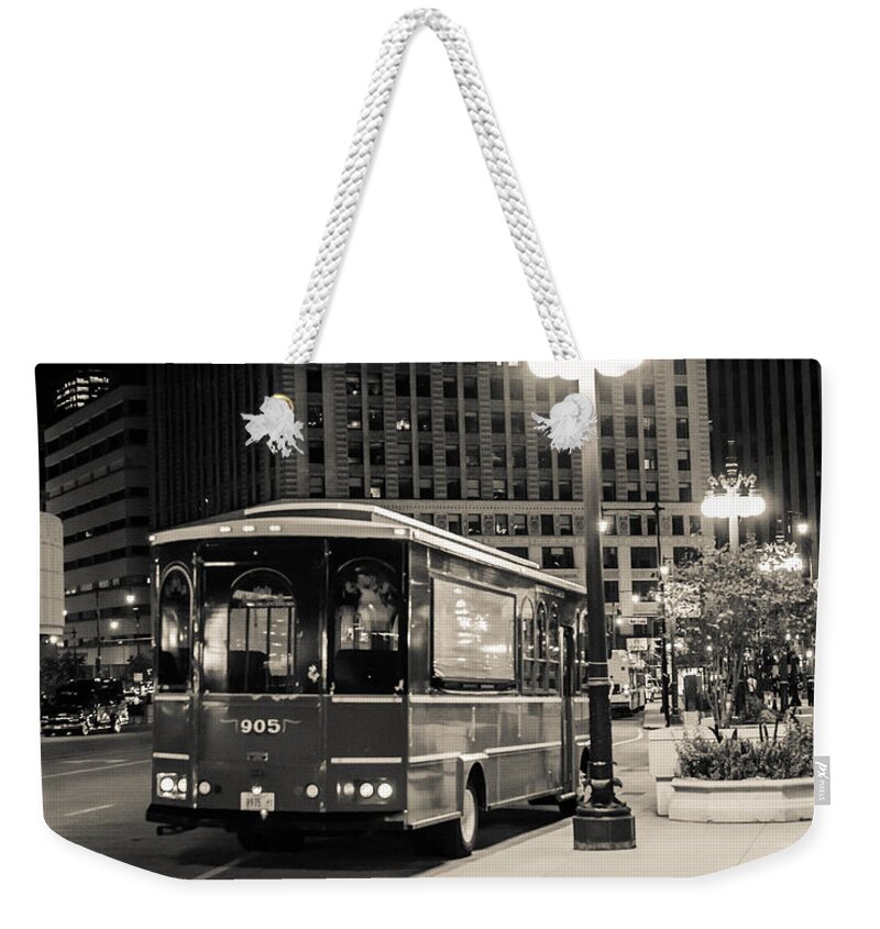 Transportation Weekender Tote Bag featuring the photograph Chicago Trolly Stop by Melinda Ledsome