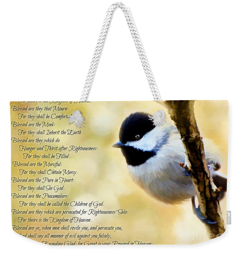Chickadee Weekender Tote Bag featuring the photograph Chickadee with Digital Paint and verses by Debbie Portwood