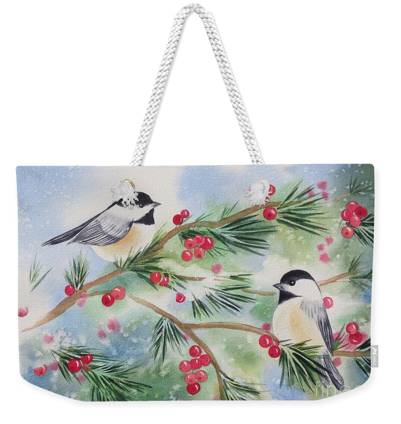 Chickadees Weekender Tote Bag featuring the painting Chickadees by Deborah Ronglien
