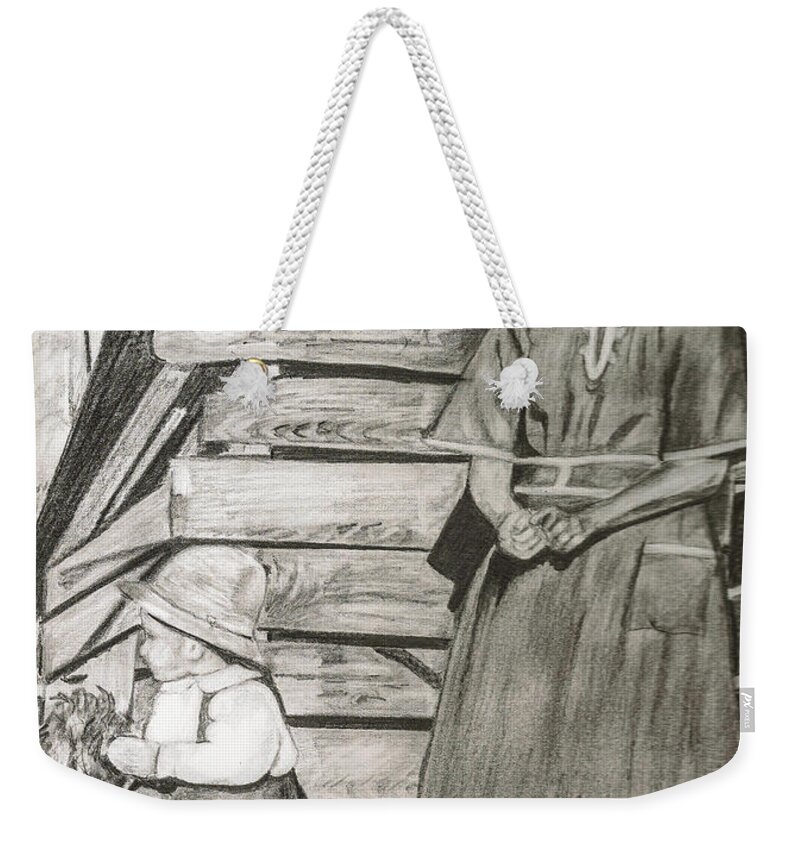 Chicken Coop Weekender Tote Bag featuring the drawing Chicken Coop - Woman and son - feeding chickens by Jan Dappen