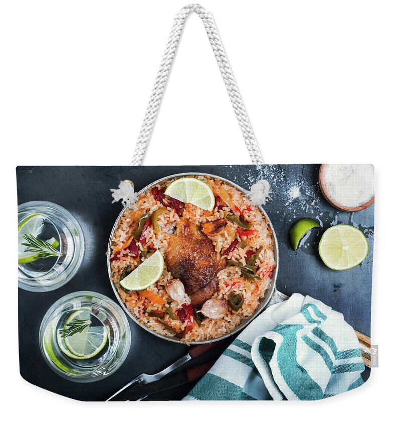 Chicken Meat Weekender Tote Bag featuring the photograph Chicken, Rice, And Vegetables Skillet by Istetiana