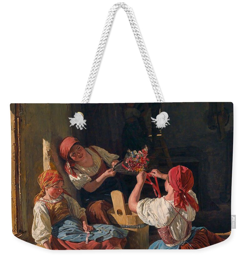 Ferdinand Georg Waldmueller Weekender Tote Bag featuring the painting Children Decorate a Conscripts Hat by Ferdinand Georg Waldmueller