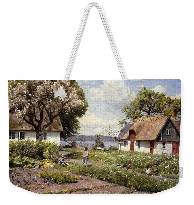 1930s Weekender Tote Bag featuring the painting Children in a Farmyard by Peder Monsted
