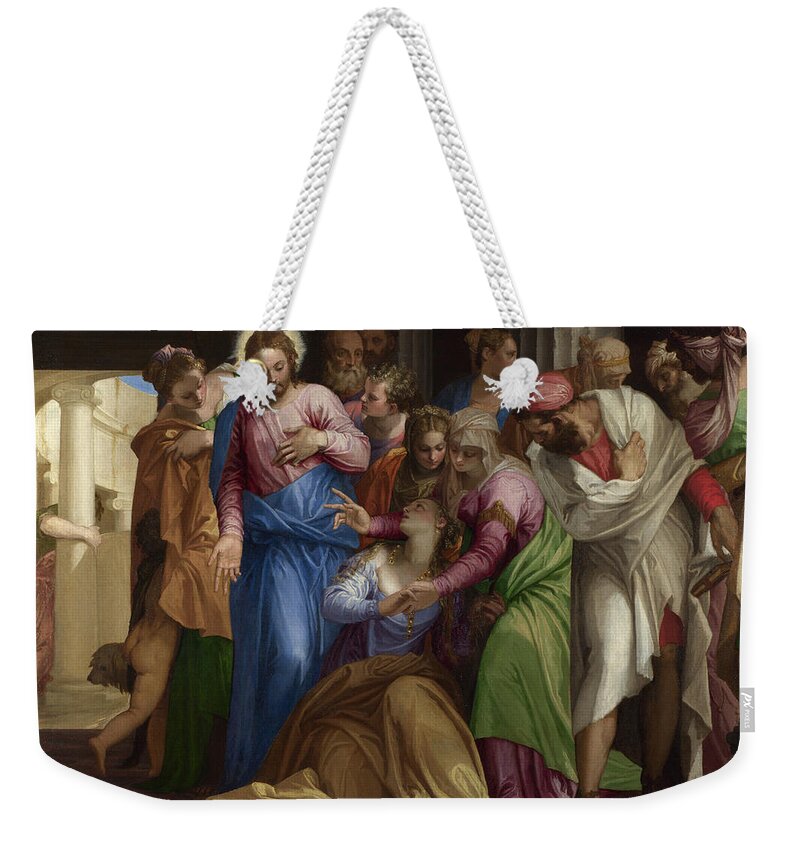 Paolo Veronese Weekender Tote Bag featuring the painting Christ addressing a Kneeling Woman by Paolo Veronese