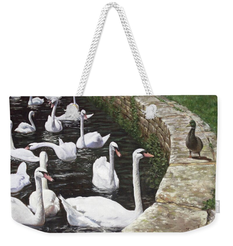 Swan Weekender Tote Bag featuring the painting christchurch harbour swans with Mallard Duck conversation by Martin Davey
