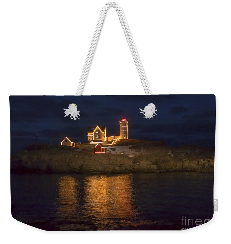 Atlantic Weekender Tote Bag featuring the photograph Christmas at the Nubble by Steven Ralser