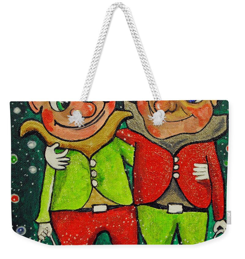 Christmas Weekender Tote Bag featuring the painting Christmas Elves by Patricia Arroyo