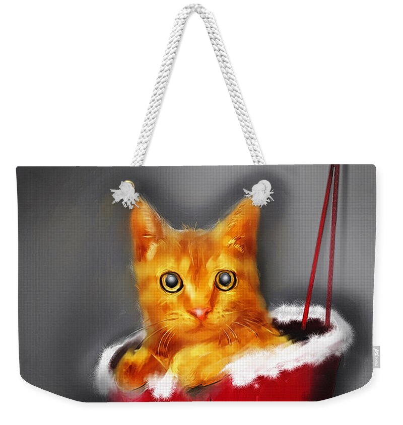 Christmas Weekender Tote Bag featuring the digital art Christmas Kitten by Ken Morris