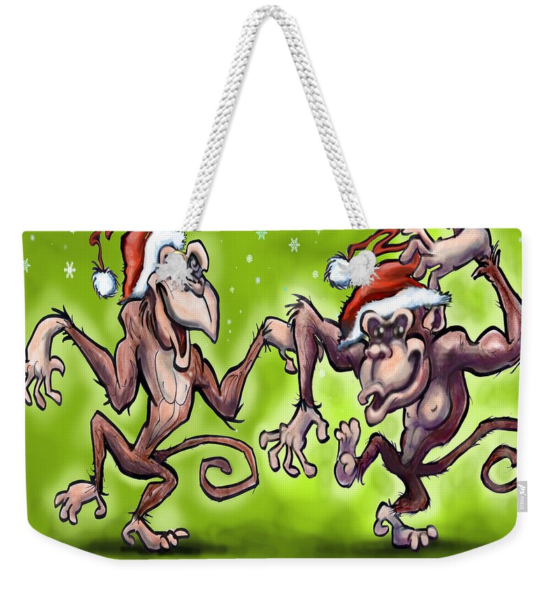 Christmas Weekender Tote Bag featuring the painting Christmas Monkeys by Kevin Middleton
