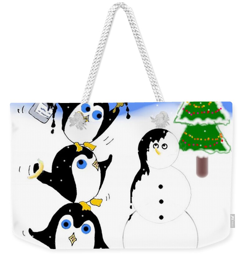 Penguins Weekender Tote Bag featuring the digital art Christmas Penguins by Stephanie Grant