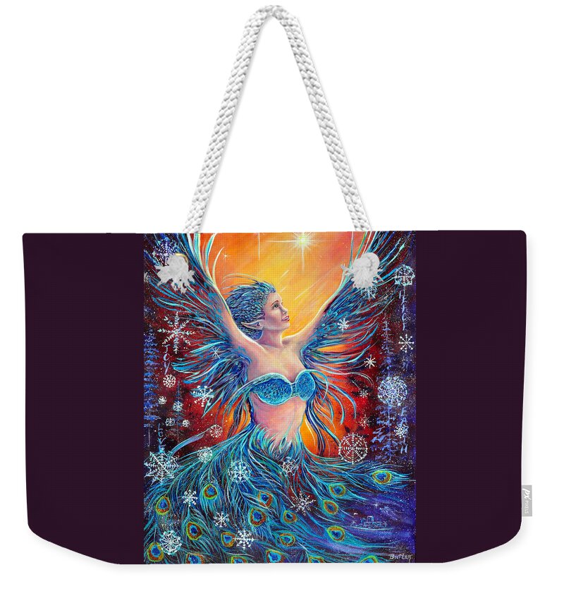 Holiday Christmas Fairy Peacock Spirit Color Weekender Tote Bag featuring the painting Christmas Spirit by Gail Butler