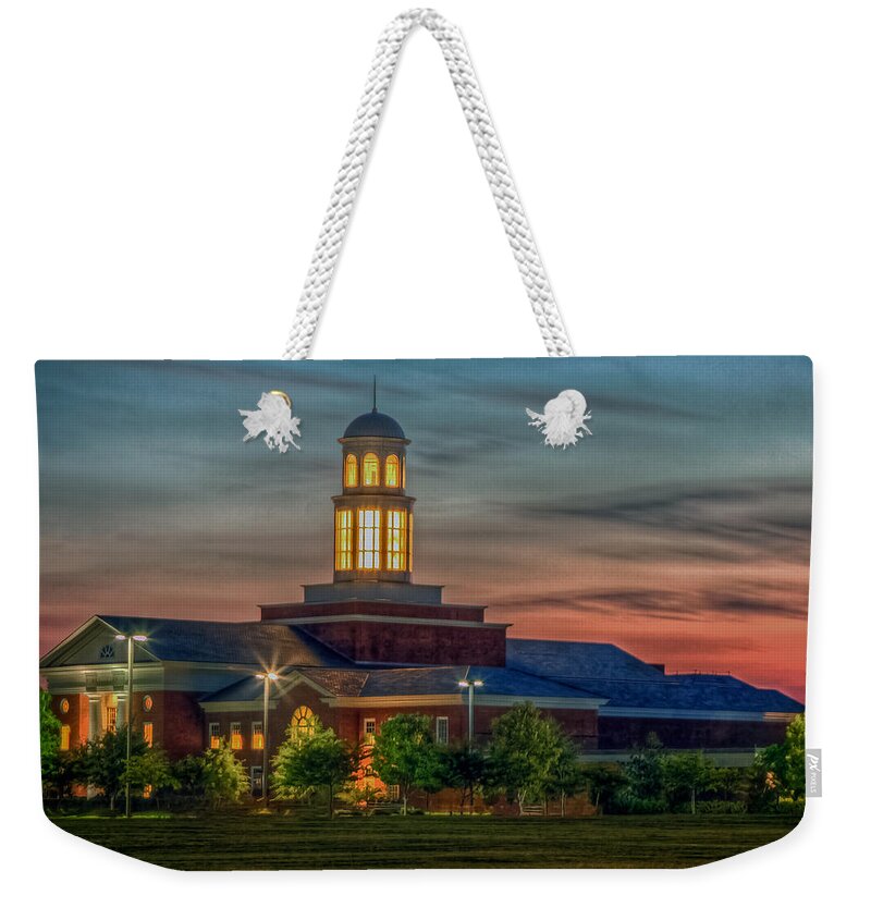 Library Weekender Tote Bag featuring the photograph Christopher Newport University Trible Library at Sunset by Jerry Gammon