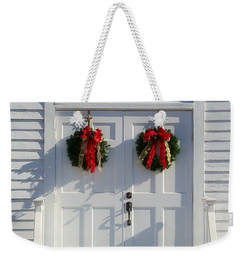 Victor Montgomery Weekender Tote Bag featuring the photograph Church Doors At Christmas by Vic Montgomery