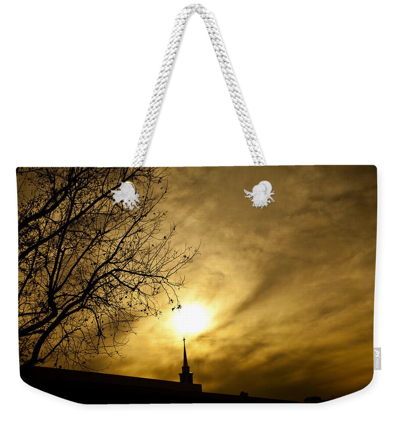 Church Steeple Weekender Tote Bag featuring the photograph Church Steeple Clouds Parting by Jerry Cowart