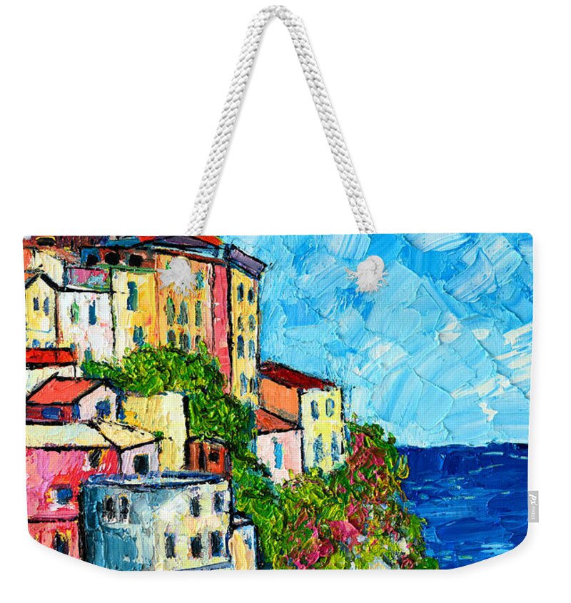 Manarola Weekender Tote Bag featuring the painting Cinque Terre Italy Manarola Painting Detail 3 by Ana Maria Edulescu