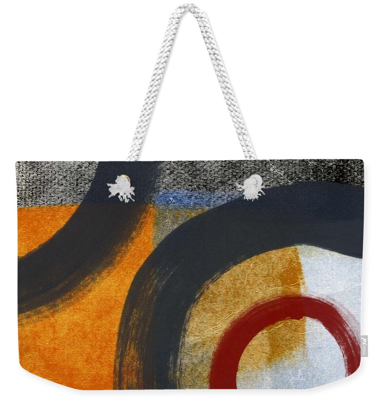 Circles Abstract Blue Red White Grey Gray Black Orangetan Brown Painting Shapes Geometric abstract Shapes abstract Circles Contemporary Modern Hotel Office Lobby Urban Loft Studio Red Circle White Circles Square Weekender Tote Bag featuring the painting Circles 3 by Linda Woods