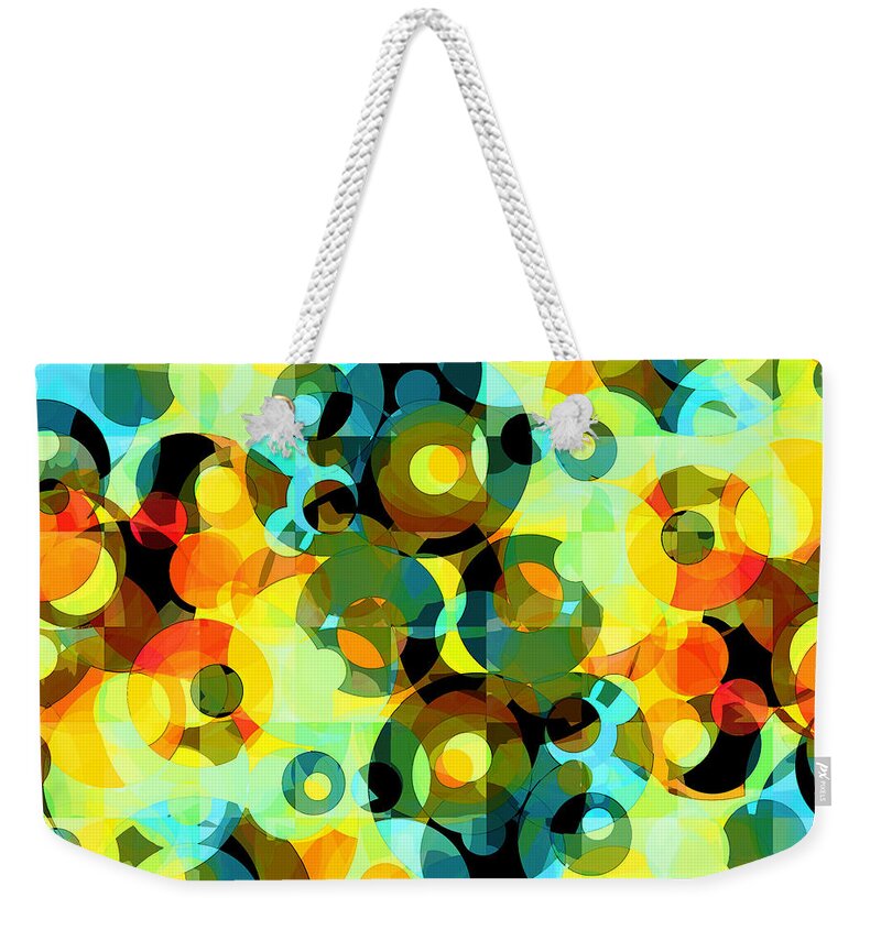 Yellow Weekender Tote Bag featuring the digital art Circles Squared 2 by Shawna Rowe