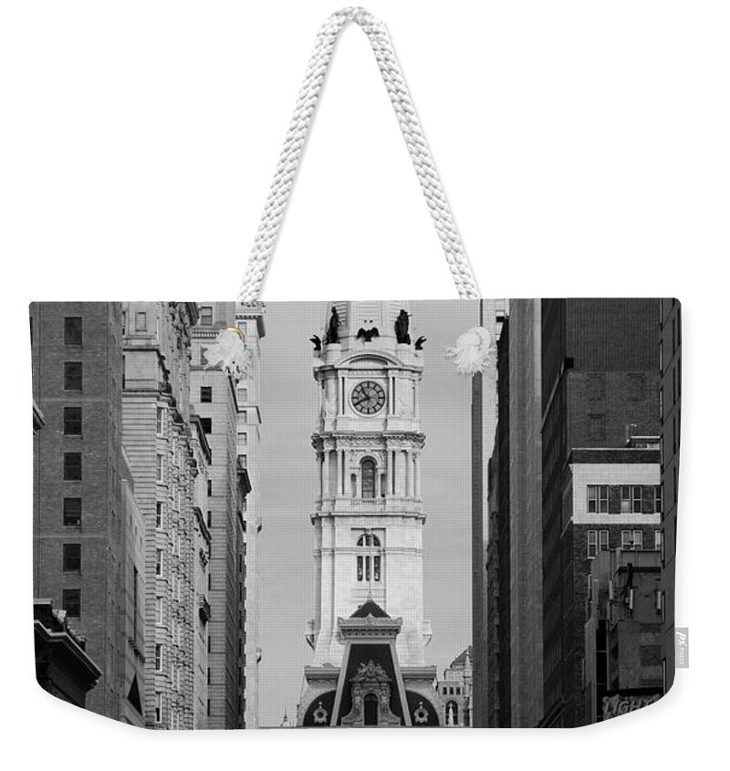 Philadelphia Weekender Tote Bag featuring the photograph City Hall b/w by Jennifer Ancker