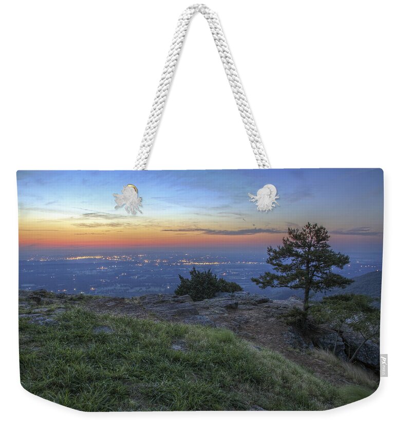 Mt. Nebo Weekender Tote Bag featuring the photograph City Lights from Sunrise Point at Mt. Nebo - Arkansas by Jason Politte