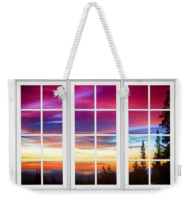 Window To Nature Weekender Tote Bag featuring the photograph City Lights Sunrise View Through White Window Frame by James BO Insogna