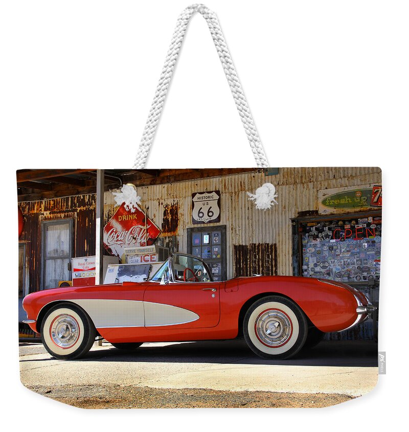 Corvette Weekender Tote Bag featuring the photograph Classic Corvette on Route 66 by Mike McGlothlen