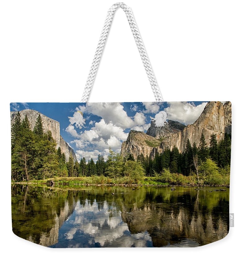 Water Reflection River Mountains Yosemite National Park Sierra Nevada Landscape Scenic Nature California Sky Clouds Clouds Day Weekender Tote Bag featuring the photograph Classic Valley View by Cat Connor