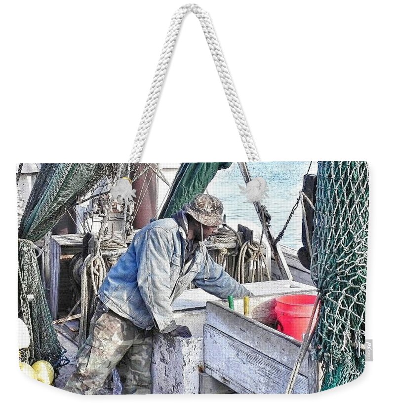 Shrimp Boats Weekender Tote Bag featuring the photograph Cleaning Up After The Haul by Patricia Greer
