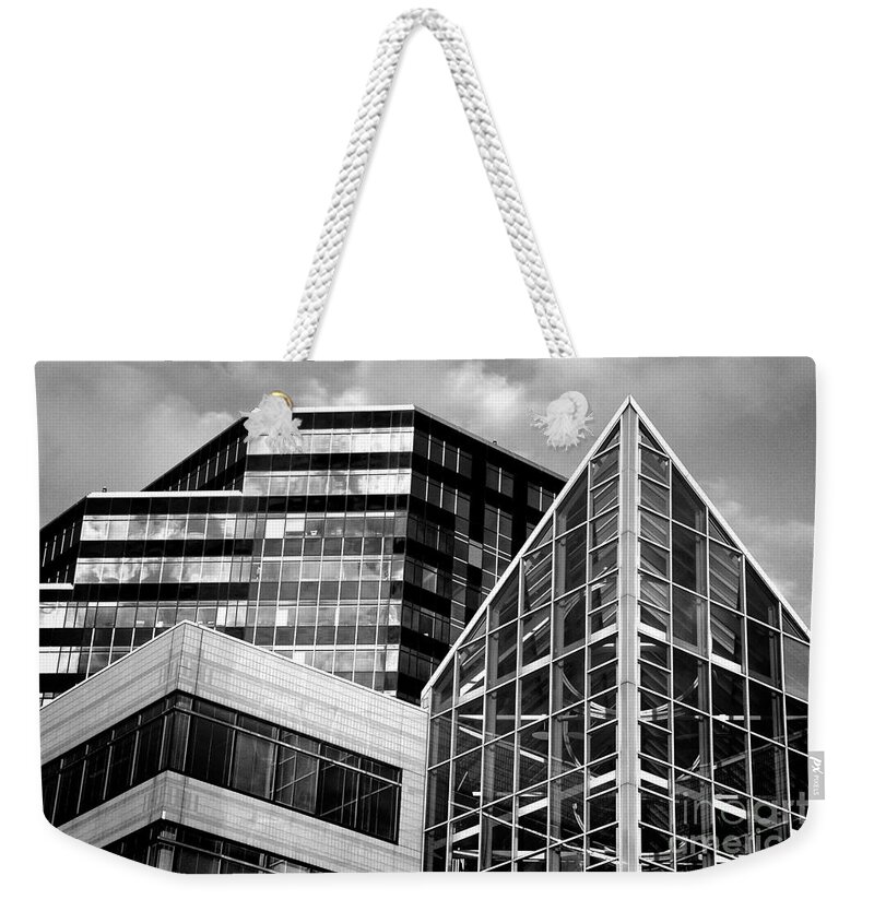 Cleveland Weekender Tote Bag featuring the photograph Cleveland Sight - Downtown City Buildings Black White BW by Jon Holiday