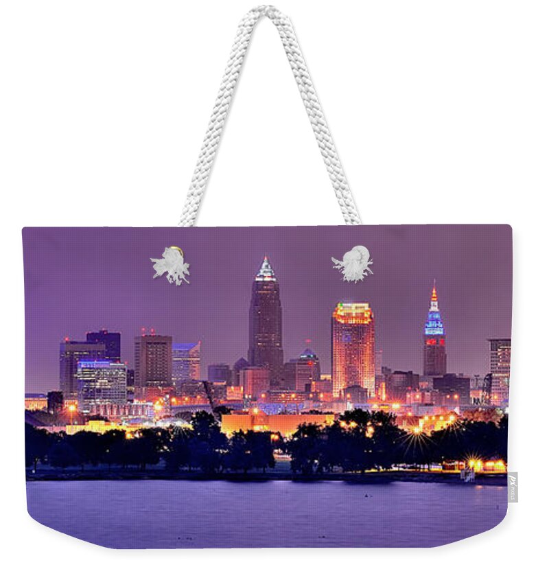 Cleveland Skyline Weekender Tote Bag featuring the photograph Cleveland Skyline at Night Evening Panorama by Jon Holiday