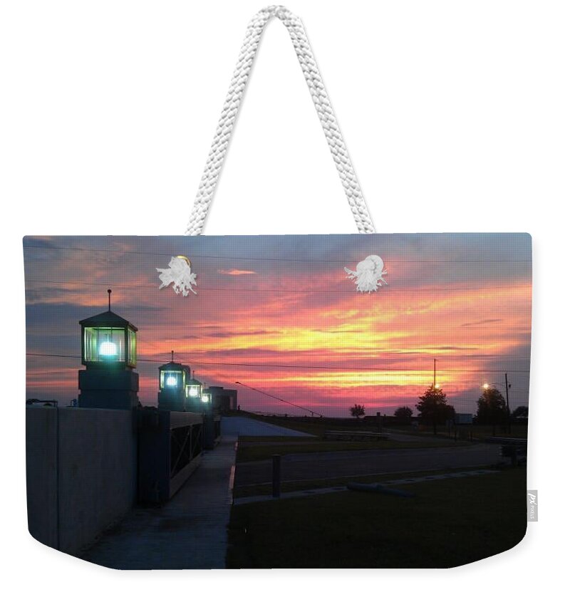 Bonnabel Boat Launch Weekender Tote Bag featuring the photograph Closed Flood Gates Sunset by Deborah Lacoste