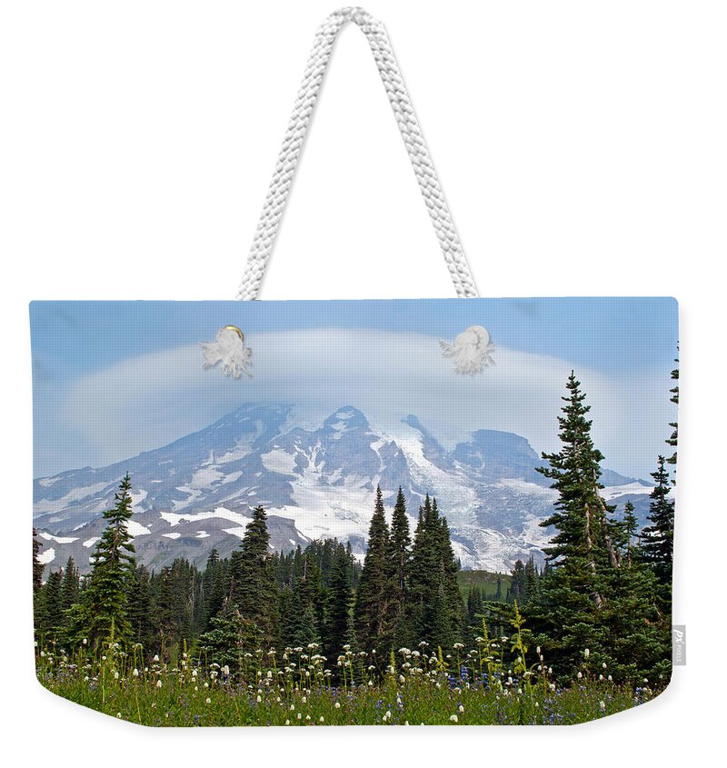 Mt.rainier Weekender Tote Bag featuring the photograph Cloud Capped Rainier by Tikvah's Hope