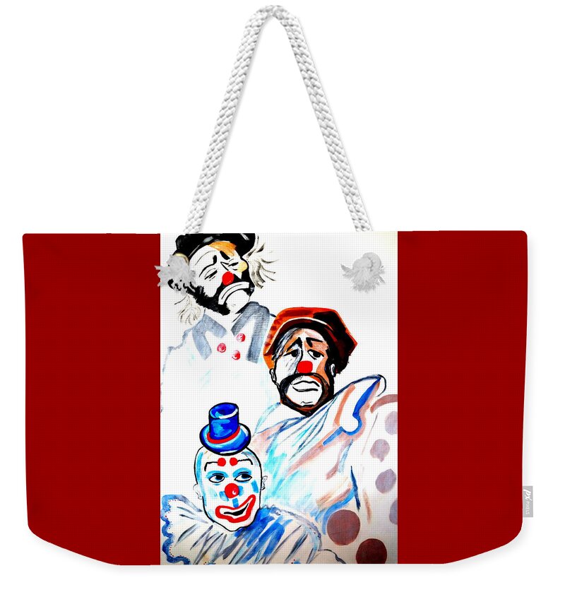 Clowns In Heaven Pop Art Modern Beautiful Colors Weekender Tote Bag featuring the painting Clowns in heaven by Nora Shepley