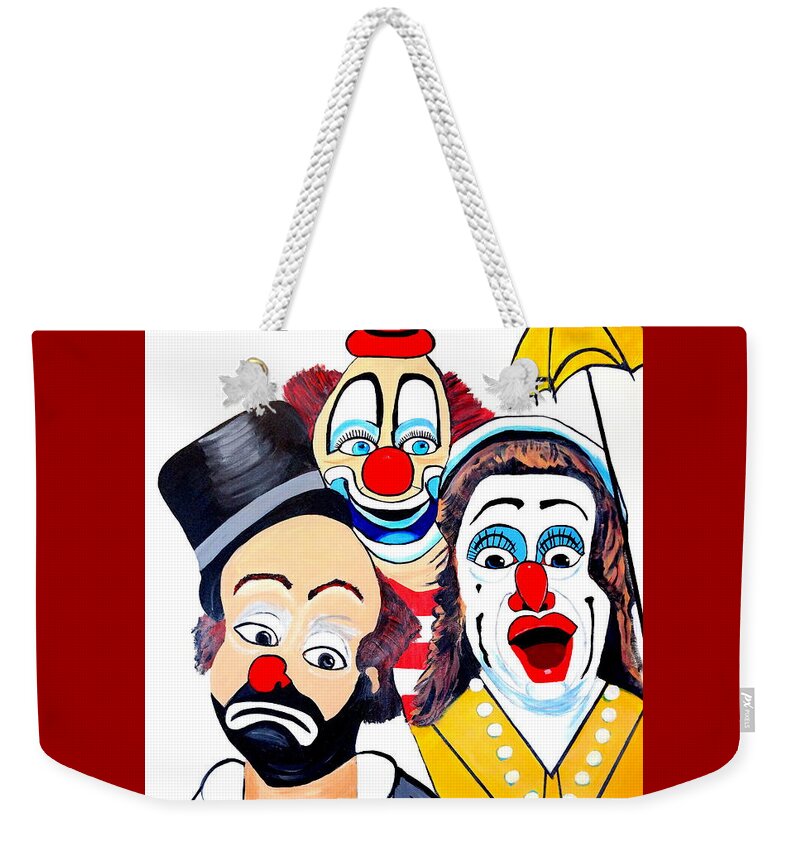 Clowns In Shock Abstract Pop-art Modern Crazy Hats Weekender Tote Bag featuring the painting Clowns in shock by Nora Shepley