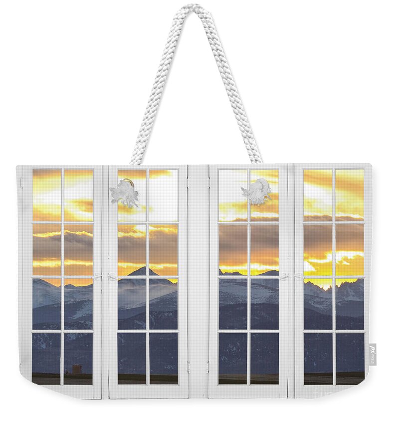 Views Weekender Tote Bag featuring the photograph CO Mountain Gold View Out An Old White Double 16 Pane White Window by James BO Insogna
