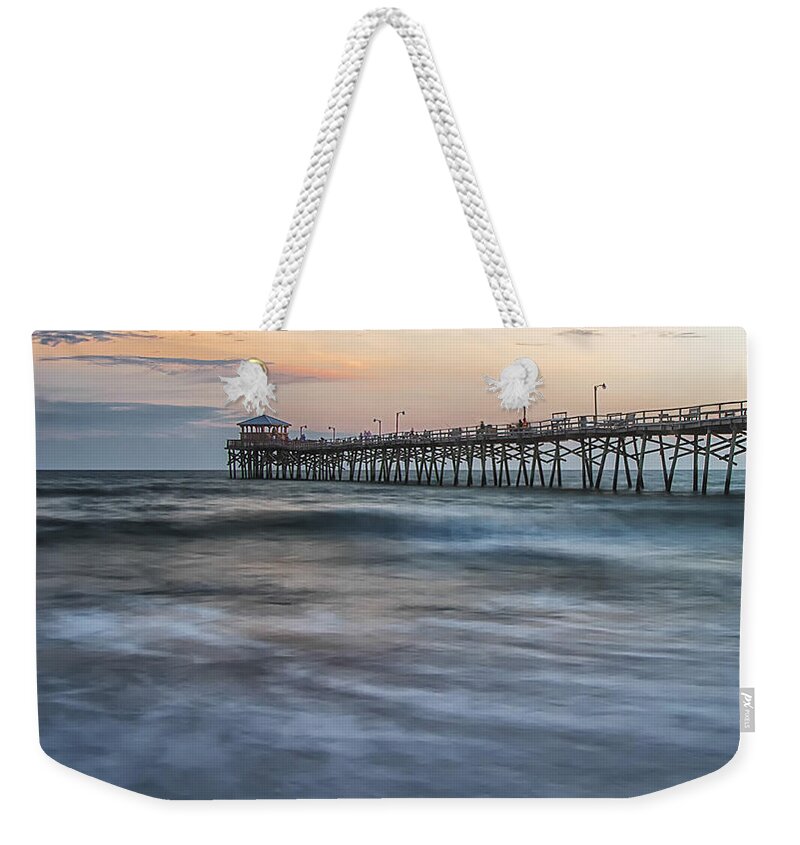 Outer Banks Weekender Tote Bag featuring the photograph Coastal Fishing Pier at Sunset by Bob Decker