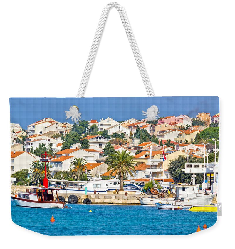 Croatia Weekender Tote Bag featuring the photograph Coastal town of Novalja waterfront view by Brch Photography