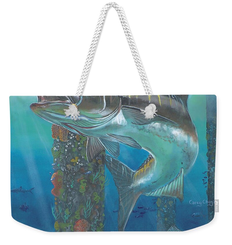 Cobia Weekender Tote Bag featuring the painting Cobia Strike In0024 by Carey Chen
