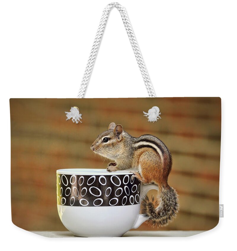 Coffee Weekender Tote Bag featuring the photograph Coffee with Chipper the Chipmunk by Peggy Collins