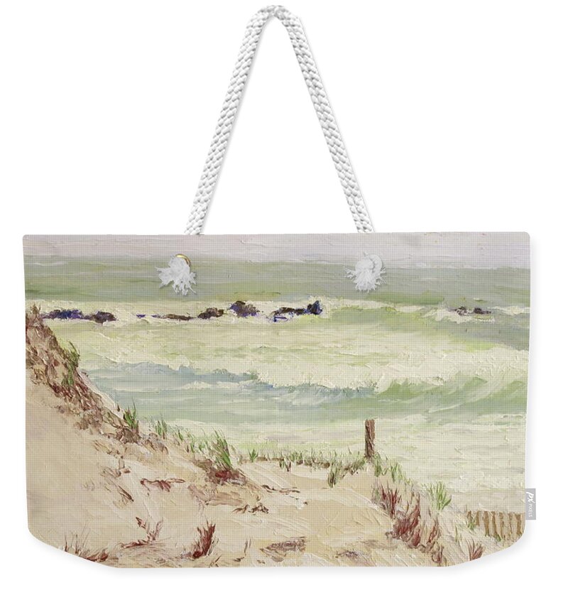 Seascape Weekender Tote Bag featuring the painting Cold Day Rough Sea by Lea Novak